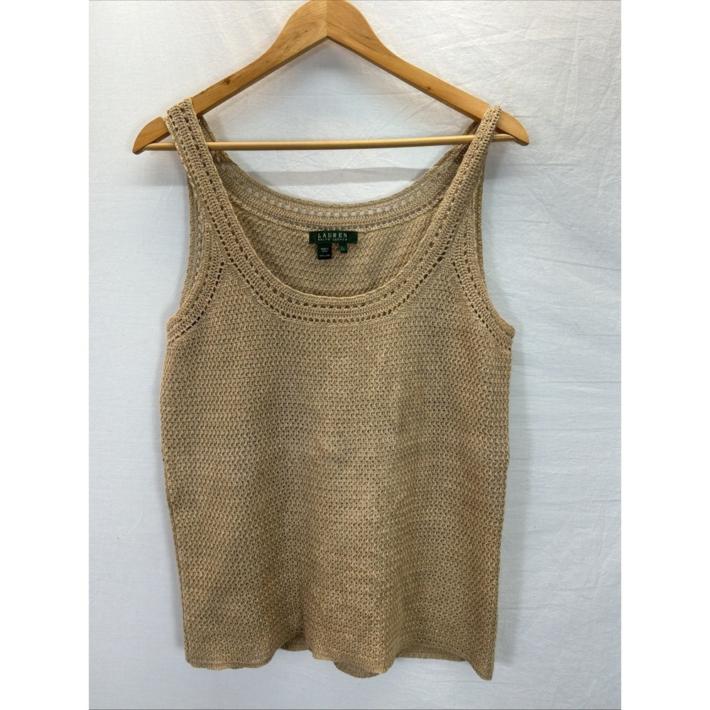Lauren Ralph Lauren Linen Crochet Brown Woven Sleeveless Top Beach Coast Sz L